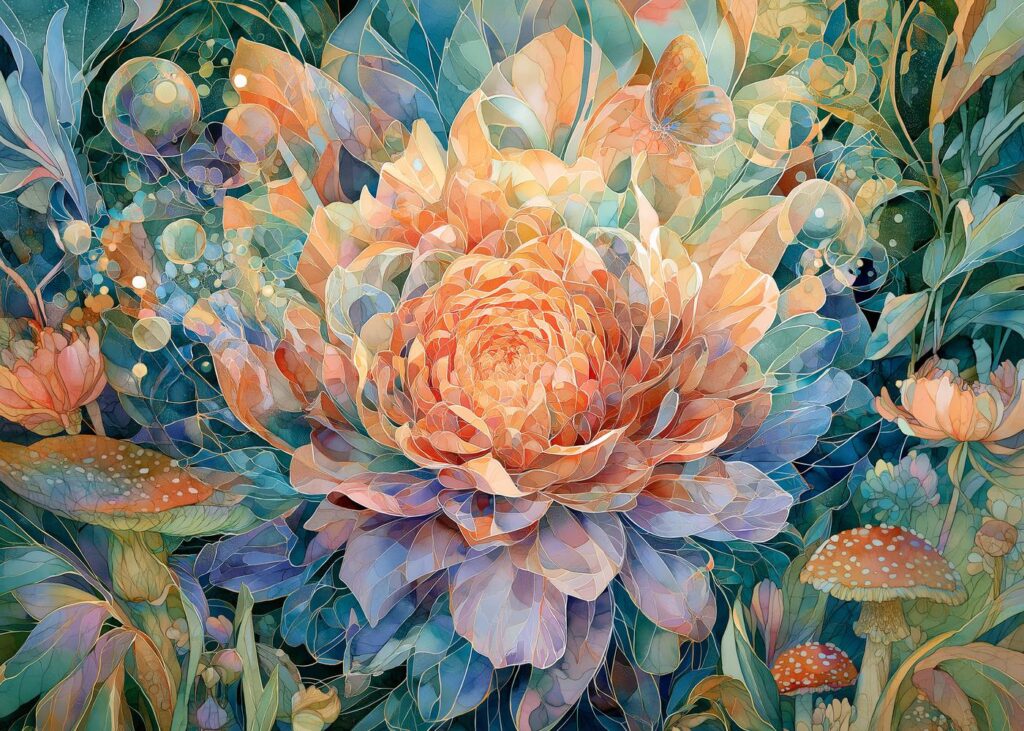 A large layered bloom in peach and blue, surrounded by translucent leaves and small toadstools in teal and gold